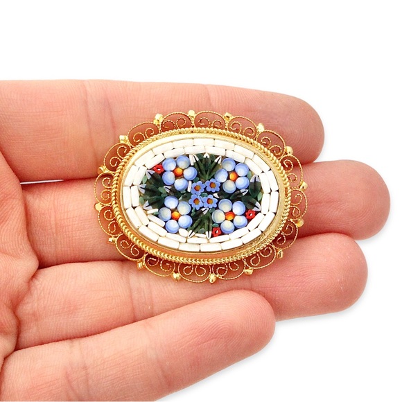 Vintage Italian Floral Micro Mosaic Brooch Gold Plated Blue Flowers Glass Tiles - Picture 3 of 3